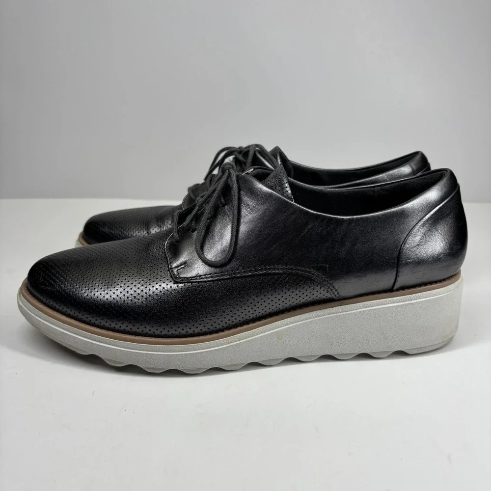 Clarks Sharon Crystal  Women's US 11M Pewter Leather Wedge Oxford Shoes Platform